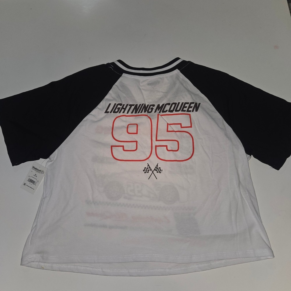 Disney Pixar Cars Lightning McQueen Graphic Jersey Tee XL 16-18 White Black NWT - Picture 2 of 5